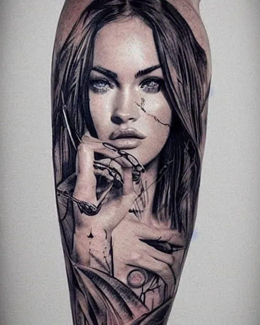 Image similar to creative double exposure effect tattoo design sketch of megan fox with beautiful mountains, realism tattoo, in the style of andrey lukovnikov, amazing detail, sharp