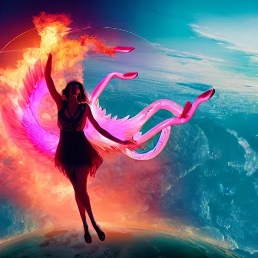 Image similar to a colossal goddess wearing a flamingo fashion, sci - fi aesthetics, on fire, photoshop, colossal, creative and cool, giant, digital art, photo manipulation, planets, with earth, outer space, smoke