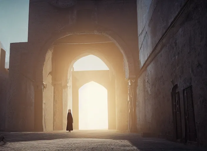 Image similar to old jeddah city alley, magical time gate to another dimension, a man wearing a white robe standing watching over, dramatic lighting, dawn, by caspar david friedrich, unreal engine 5