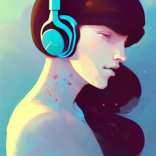 Image similar to beautiful artistic - wave highly detailed portrait female, with head phones, long red hair, by atey ghailan, by greg rutkowski, by greg tocchini, by james gilleard, by joe fenton, by kaethe butcher, dynamic lighting, gradient light blue, brown, blonde cream and white color scheme, grunge aesthetic