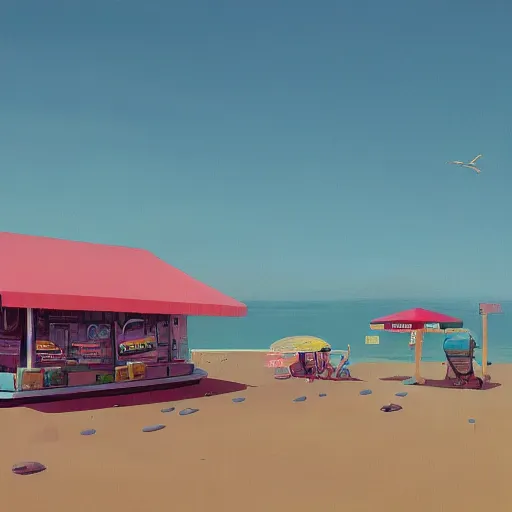 Image similar to fast food counter by the beach by simon stalenhag