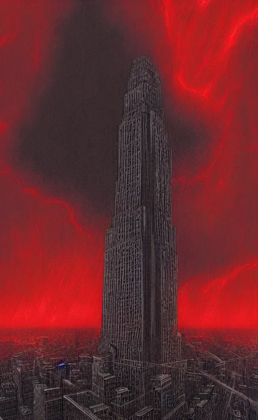 Prompt: an digital art of fire red alert storm that destroys new york city in style of zdislaw beksinski