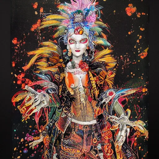 Image similar to ( high definition highly detailed baroque cyberpunk shamaness, varnished oil paint in bright colors on black background with small background color splatters, by katsuhiro otomo ) printed on jeans