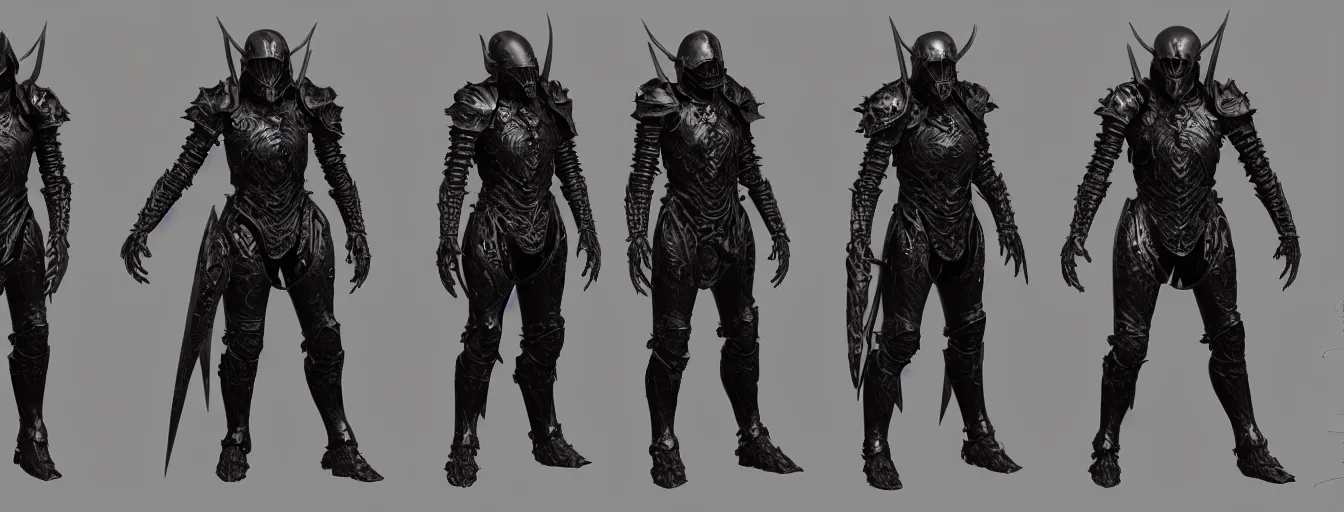 Image similar to hell knight templar thorn armor suit humanoid character sheet, elden ring themed dark sf, intricate artwork masterpiece, ominous, dramatic horror cinematic lighting, volumetric 8 k, by josan gonzalez, alexey egorov, kilian eng, trending on cgsociety, octane render, 8 k