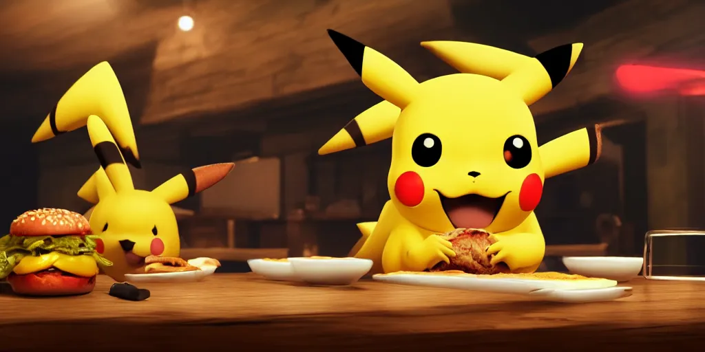 Prompt: a realistic Pikachu eating a hamburger, digital art, highly detailed, hyperrealistic, photorealistic, unreal engine 5, dynamic lighting, trending on artstation, 4k uhd, epic composition