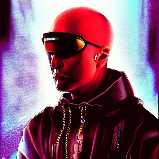 Prompt: Cyberpunk eminem, 90s aesthetic, digital art, vaporwave, trending on artstation