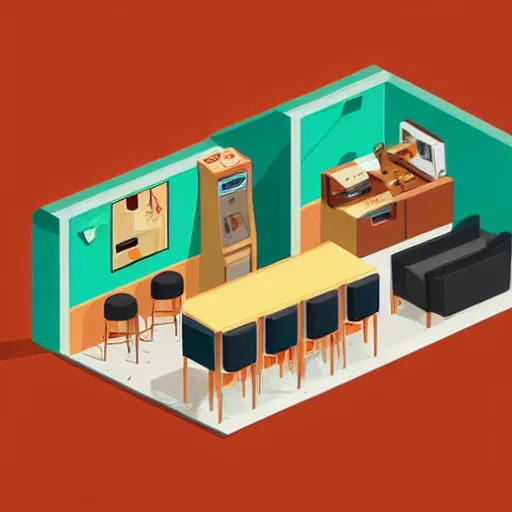 Image similar to isometric cartoon of funky recreational cannabis cafe area, coffee machine, aluminum sheen, wooden furniture, people drinking coffee and smoking cannabis, tables and chairs, by benoit mandelbrot, low poly cute minimal interior design concept art illustrated by anni albers