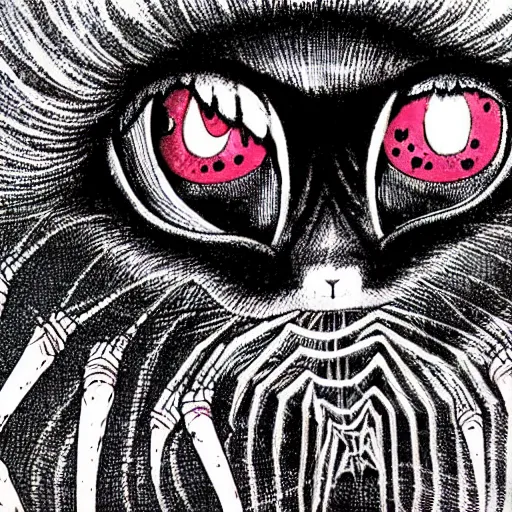 Prompt: a cat with spider legs and a thousand eyes, walking towards camera, highly detailed, by junji ito.