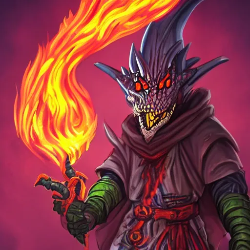 Image similar to HD Dungeons and Dragons character portrait of a Lizard Warlock, with fire in his eyes and evil in his heart