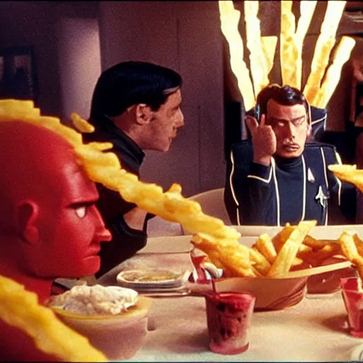 Prompt: Monsters made of French Fries, fighting Star Trek Engineers in the mess, film still from the movie directed by Denis Villeneuve with art direction by Salvador Dalí,