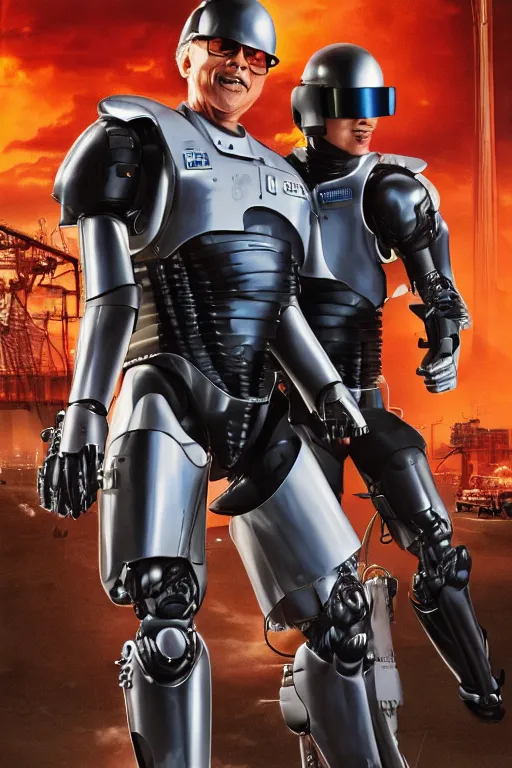 Image similar to billy crystal and peter weller robocop, ghanaian movie poster, city slickers 4, drug dealing mexicans, ninjas, highly detailed, high octane render, hd, realism