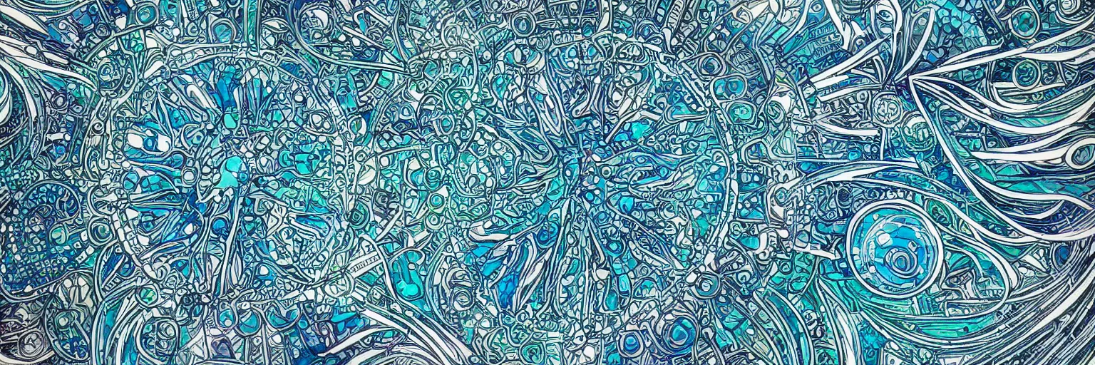 Image similar to shades of blue and green forming art nouveau explosions, white lining, vivid colors, intricate, ornate, circuitry, gears, sparkle, extremely hyperdetailed line art, sharp focus