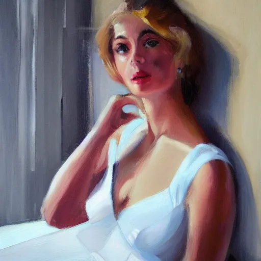Image similar to an oil on canvas painting of a beautiful feminine woman from the 60's, leaning against the wall, living room, figurative art, studio portrait, detailed, dramatic lighting, beautiful facedeviantart, cgsociety, chiaroscuro, acrylic art, by Elmer Bischoff, by Michael Garmash