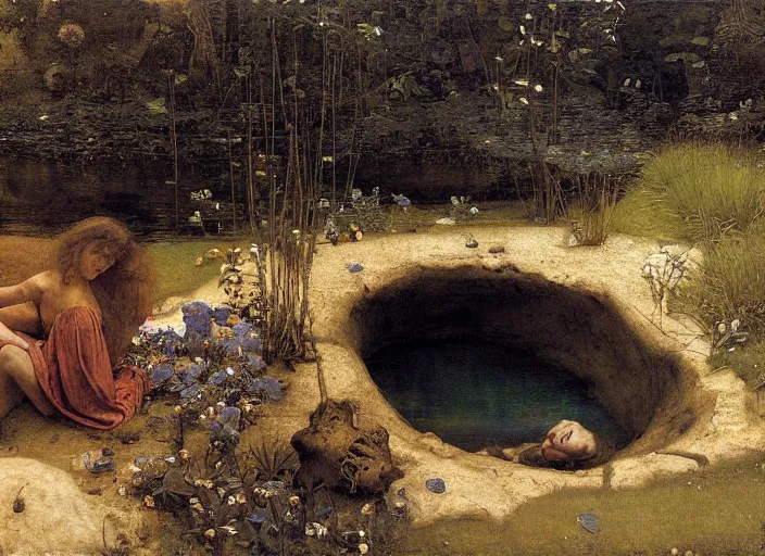 Image similar to looking into rocking hole in the ground. 2 0'down a tranquil pond and a sandy beach are visible. edgar maxence and caravaggio and michael whelan and delacroix style, artistic, intricate painting, cinematic lighting, hyper realistic, extremely detailed, vivid colors, establishing shot, dramatic lighting