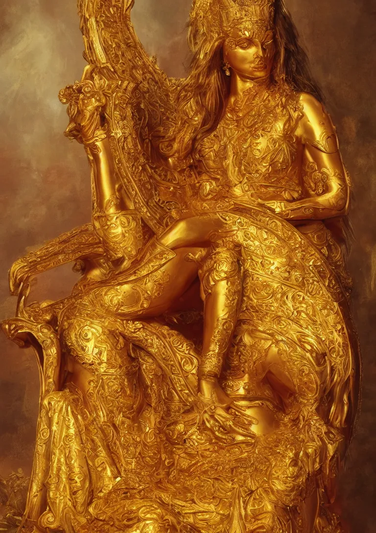 Prompt: a beautiful painting of a golden goddess sitting on a throne, detailed portrait, dennis velleneuve, warm colors, ultra realistic, 8 k, photography