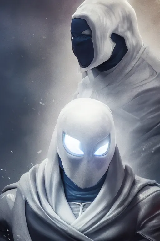 Image similar to hyperrealistic photography of Moon Knight mixed with Hokage style of Hossein Diba, Gal Yosef, full-shot, 4k, highly detailed, cinematic lighting, photorealistic, 3d render, award winning render, unreal engine, masterpiece, octane render, sharp focus, studio lighting, 8k, hd