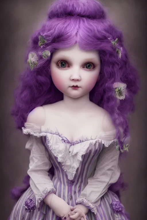 Prompt: cute porcelain doll with long purple hair, Mark Ryden style, vivid colors, high details, cinematic, 8k resolution, beautiful detailed, photorealistic, digital painting, dark atmosphere, artstation, concept art, smooth, sharp focus, illustration, fantasy background, artstation trending, octane render, unreal engine