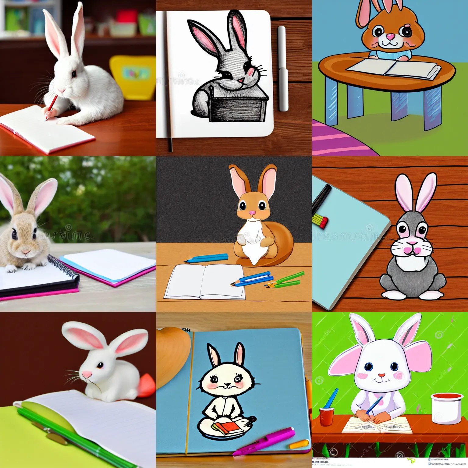 Prompt: a cute cartoon rabbit sitting at a table and writing on a notebook, Children's Book Illustration, antgerm