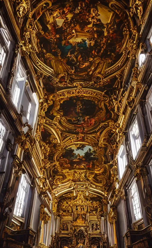 Prompt: professional photograph from the inside of a massive baroque church