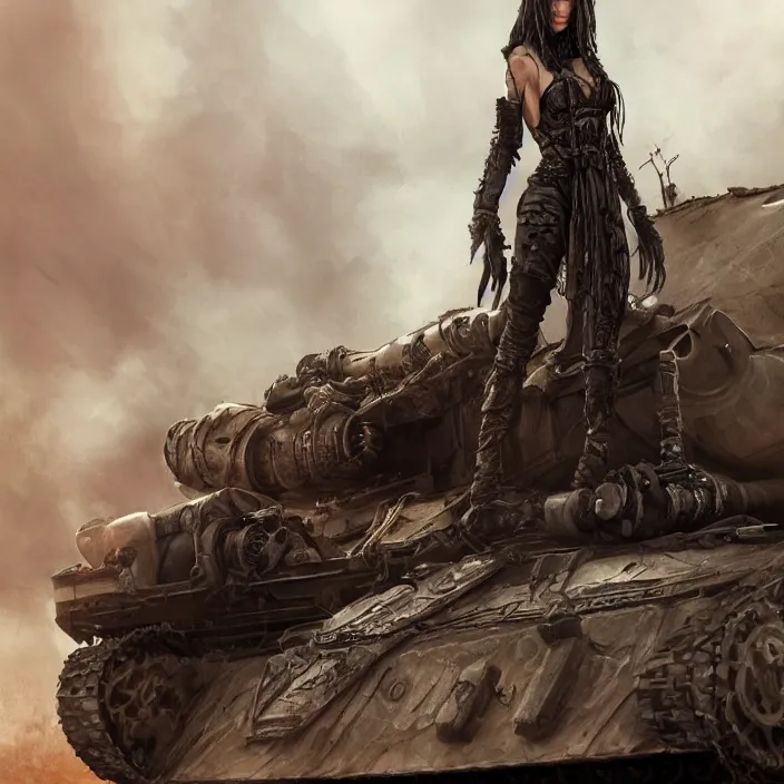 Image similar to beautiful apocalyptic woman in hooded cloak, standing on mad max panzer tank, hyper-detailed, smooth, sharp focus, 4k ultra hd, fantasy dark art, tank girl, artgerm, artstation, octane render, elegant, detailed digital painting, apocalyptic art