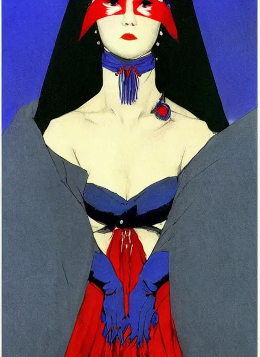 Prompt: portrait of heavyset korean vampiress, jeweled veil, blue and red, strong line, saturated color, beautiful! coherent! by frank frazetta, high contrast, minimalism