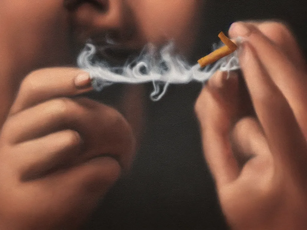 Prompt: Close-up view of hyperrealistic thin soft hand holding cigarette with smoke, by Bernardo Ramonfaur, hyper realism, 4K