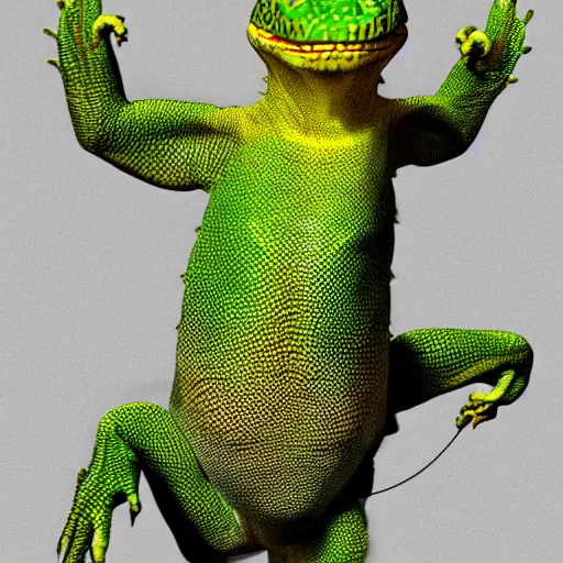 Image similar to the head of a lizard photoshopped onto a gorrilla's body, full - body shot, cursed image