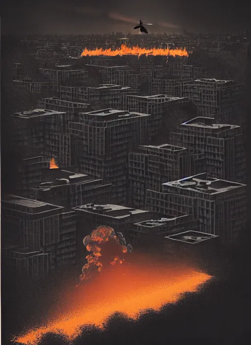 Prompt: city overgrowth on fire + a lone man + school of fish flying in the sky + (((habitat 67))), Mads Berg, Karolis Strautniekas, film noir, finely stippled light, dramatic lighting,editorial illustration, detailed,fine texture, matte print, dark blue + dark orange, red, black, extreme perspective