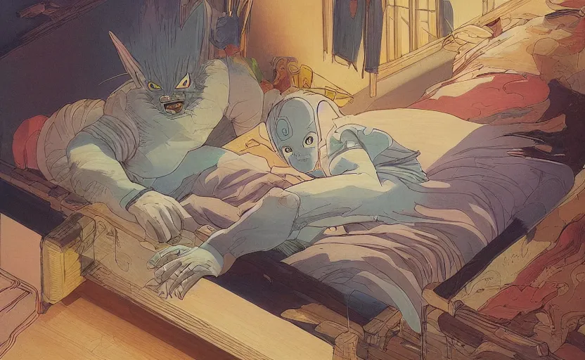 Prompt: the living being awoke from its slumber beneath the bed frame, digital painting masterpiece, haunting beautiful brush strokes, painted by Moebius and Hayao Miyazaki and Akira Toriyama