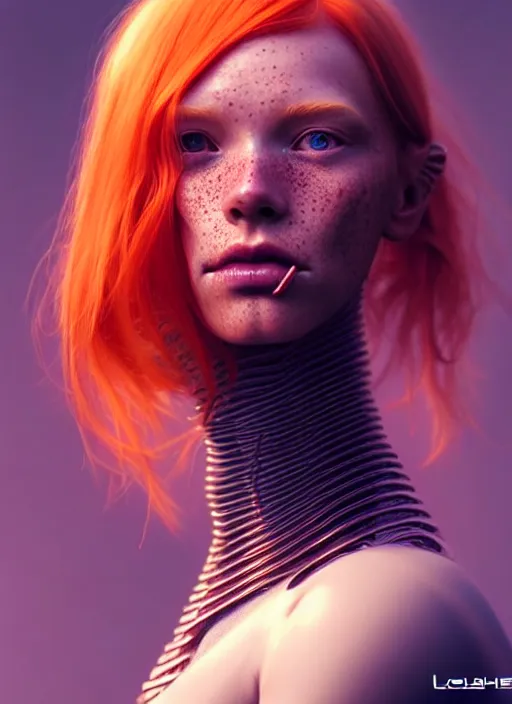 Prompt: beautiful scandinavian redhead female humanoid with freckles, by loish, d & d, fantasy, cyber neon lighting, futurism, intricate futuristic jewelry accessories, cyberpunk high fashion glossy latex suit, profile posing, perfect anatomy, hyper photorealistic, digital photography, artstation, pinterest, concept art, art by pascal blanche and greg rutkowski,