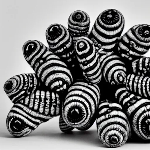 Image similar to caterpillar made of skulls, black and white photo