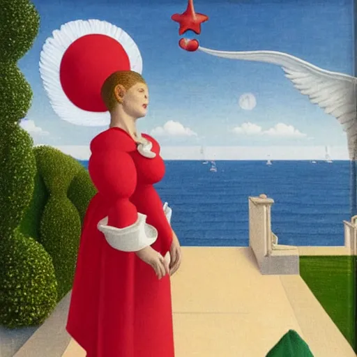 Image similar to An angel with jester hat and clothes on the front of a Balustrade with a beach on the background, major arcana cards, by Rene Magritte, hyperrealistic