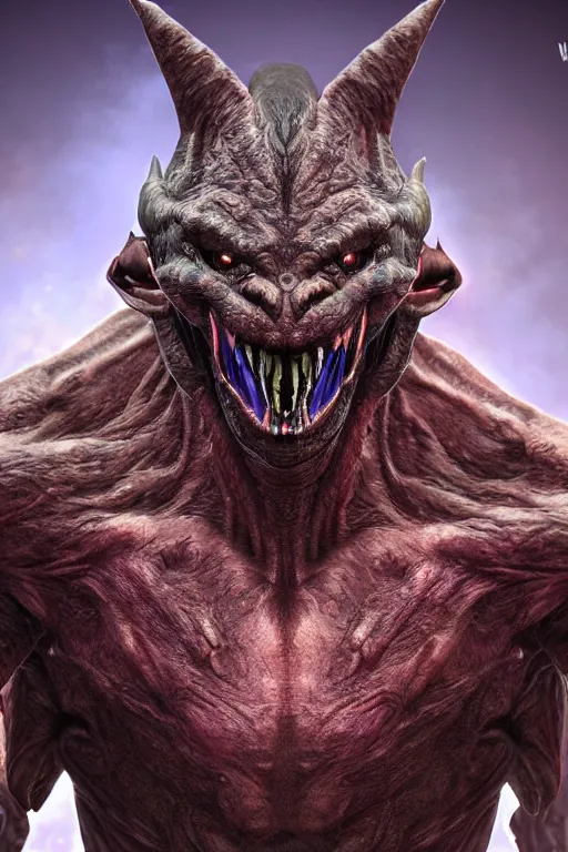 Image similar to full shot, humanoid orc alien wolf bat goblin demon mash - up, photorealistic, 8 k uhd, unreal engine 5 rendered, portrait, extremly detailed, hyper realistic, extremely detailed, colorful by wayne barlowe