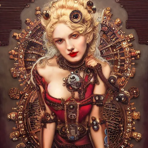Image similar to A steampunk beautiful goddess, she is blonde with red lips, she is embellished with gears wheels and gemstones, by William Holman Hunt, Greg Rutkowski, Stanely Artgerm, Tooth Wu, Peter Gric, Aaron Horkey, trending on Artstation, digital art, mythological, symmetrical artwork, cinematic lighting, hyper realism, high detail, octane render, ultra realistic, golden ratio, 4k, 8k