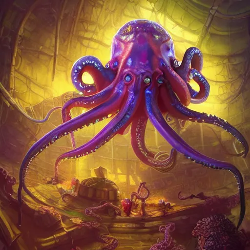 Image similar to fantasy female Squid is a drummer with 8 tentacles playing a big rock&roll drum set in the spotlight dystopian underwater concert, by Philipp A. Urlich and Pengzhen Zhang an Andreas Rocha, fantasy, intricate, elegant, highly detailed, digital painting, artstation, blender, unreal engine 5, octane render, smooth, sharp focus, illustration