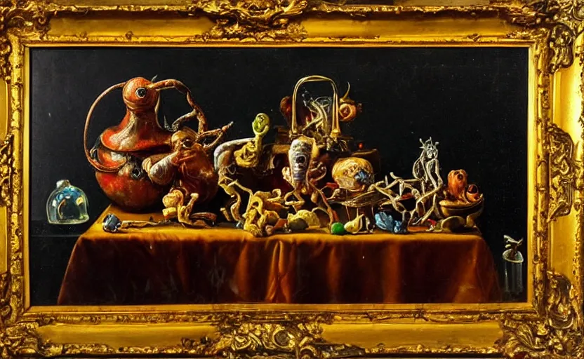 Prompt: disturbing colorful oil painting dutch golden age vanitas still life with bizarre mutant humanoid faces strange objects shiny gooey surfaces shiny metal bizarre insects rachel ruysch dali todd schorr very detailed perfect composition rule of thirds masterpiece canon 5 0 mm, cinematic lighting, chiaroscuro