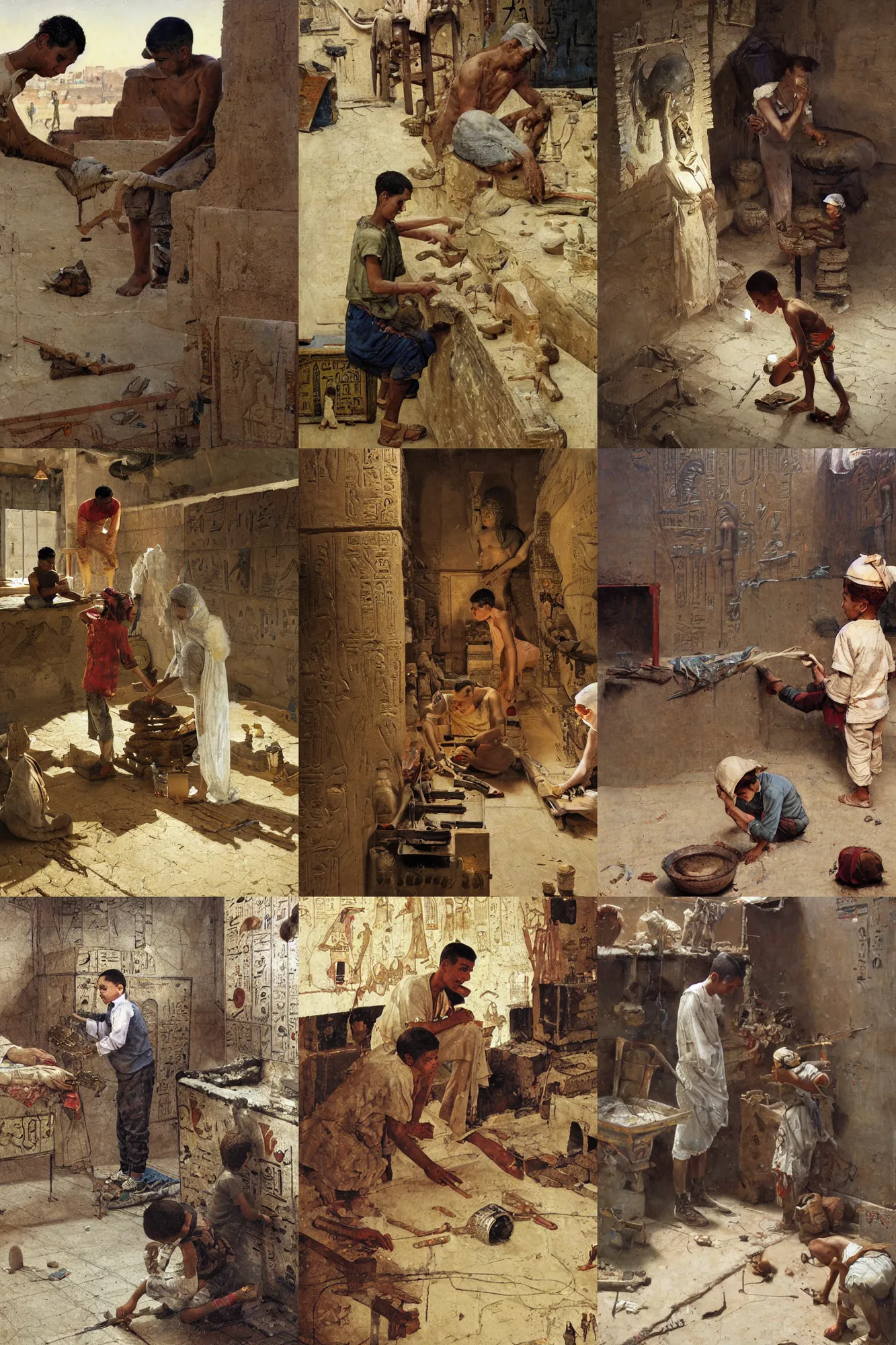 Prompt: an Egyptian boy fixing his sarcophagus, part by Norman Rockwell, part by Greg Rutkowski , part by Mattias Adolfsson, volumetric lighting oil on canvas