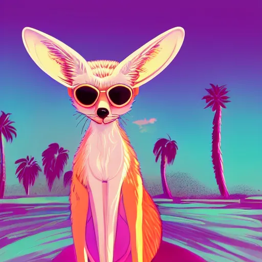 Prompt: fennec fox, pink and blue mohawk hairstyle, palm trees, furry, aviator sunglasses, synthwave style, artstation, detailed, award winning, dramatic lighting, miami vice, oil on canvas, 4k