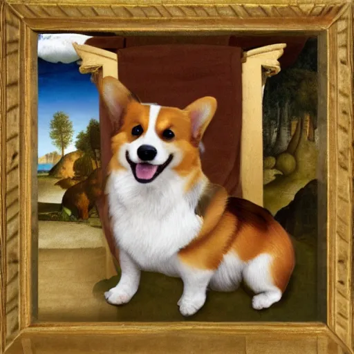 Image similar to happy corgi dog, renaissance art style