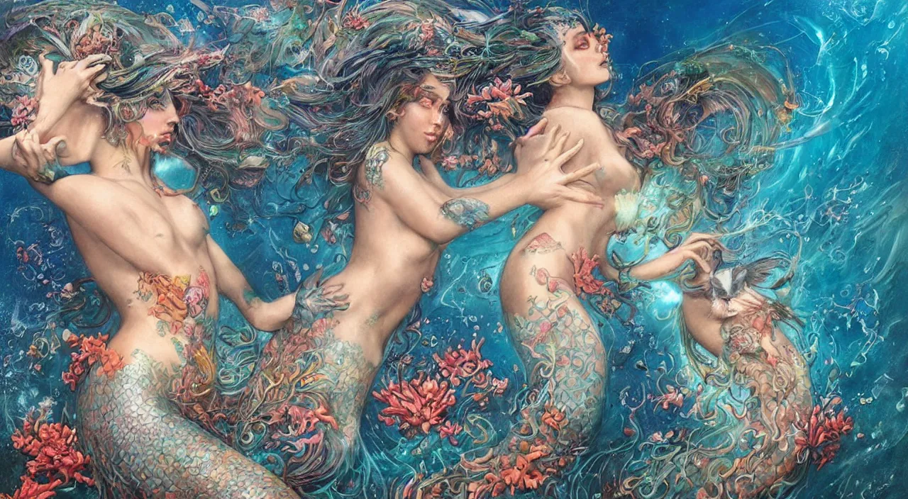 Prompt: A mermaid with a bioluminescent tail and flower tattoos on her arms screaming into the oceanic void surrounded by colorful coral and sea kittens, painted by Karol Bak