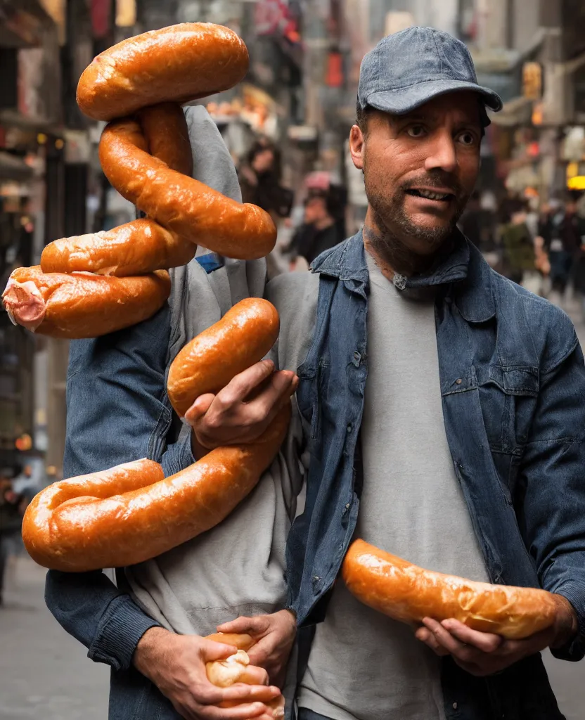 Image similar to closeup portrait of a man carrying a giant hotdog on his shoulder in a smoky new york back street, by Annie Leibovitz and Steve McCurry, natural light, detailed face, CANON Eos C300, ƒ1.8, 35mm, 8K, medium-format print