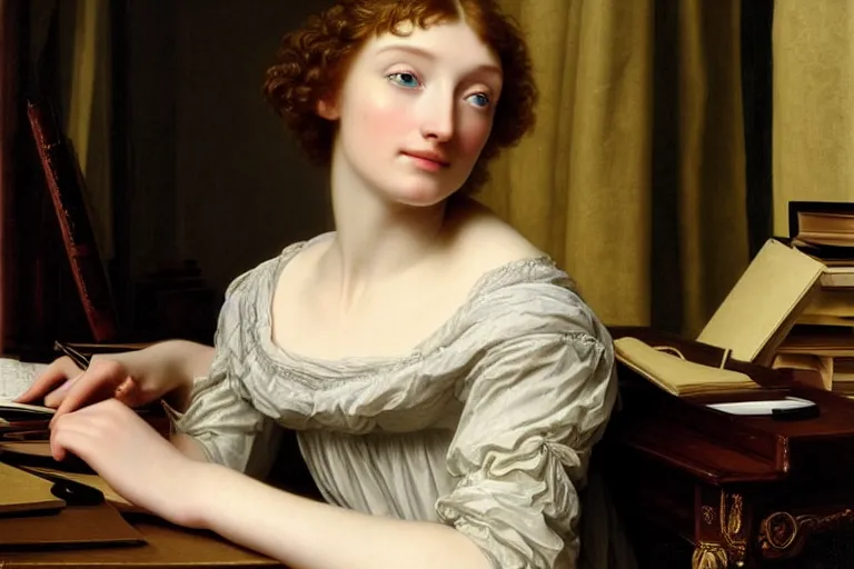 Prompt: 1 8 1 0 s eleanor tomlinson at her desk by vittorio reggianini, bright lighting, perfectly detailed eyes, beautiful hands, pale skin, clear face