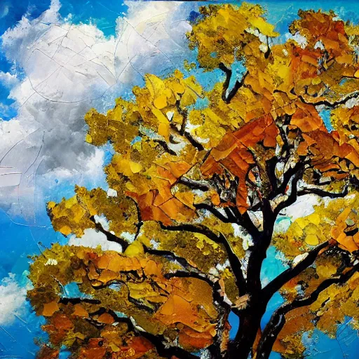 Prompt: oil paint impasto reliefs of looking up at a large sunny oak tree, through to stormy clouds, thick heavy painterly splatter, photographic quality, realistic style - i