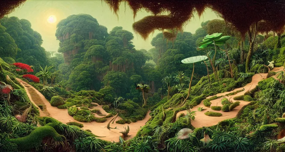 Image similar to huge woodlouse, axolotl, bones of dead animals, a landscape on the moon with many craters, tea terraces, a beautiful flowering garden, a lot of exotic vegetations, trees, intricate detaild, pale colors, 8 k, in the style of martin johnson heade and roger dean