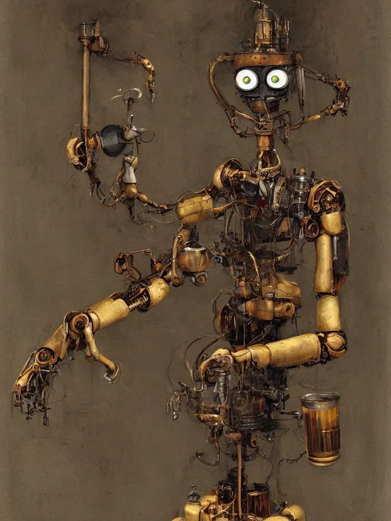 Image similar to full-length portrait of a singular old mechanical humanoid robot offering a cup of steaming coffee, by Esao Andrews, sharp focus, fresh colors, deviantart, conceptart