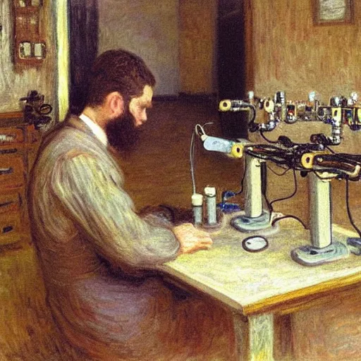 Image similar to a young man with brown hair and short beard building a robot in his lab in berlin by monet