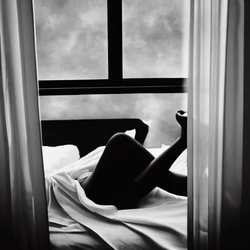 Image similar to a black and white artistic photography of a woman lying on a bed smoking a cigarette and looking at the window. Fashion photography, art installation, video art.