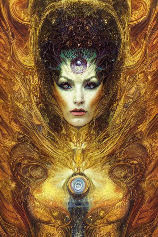 Image similar to Divine Chaos Engine by Karol Bak, Jean Deville, Gustav Klimt, and Vincent Van Gogh, beautiful visionary mystical portrait, sacred, otherworldly, fractal structures, Surreality, ornate gilded medieval icon, third eye, spirals