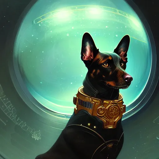 Image similar to Portrait of dog in space, dark fantasy, intricate, elegant, highly detailed, digital painting, artstation, concept art, smooth, sharp focus, illustration, art by Sam Youn and Fernanda Suarez and Artem Demura and alphonse mucha