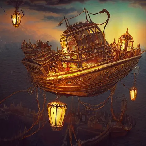 Image similar to A beautiful photograph of a detailed ornate steampunk airship flying over a majestic mediterranian port city filled with tiny glowing lanterns with a view of the ocean at sunset, by David Noren, jordan grimmer, tyler edlin, featured on cgsociety